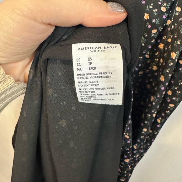 American Eagle Black Mini Floral Midi 90s Style Slit Open Back Dress XS - Picture 3 of 6